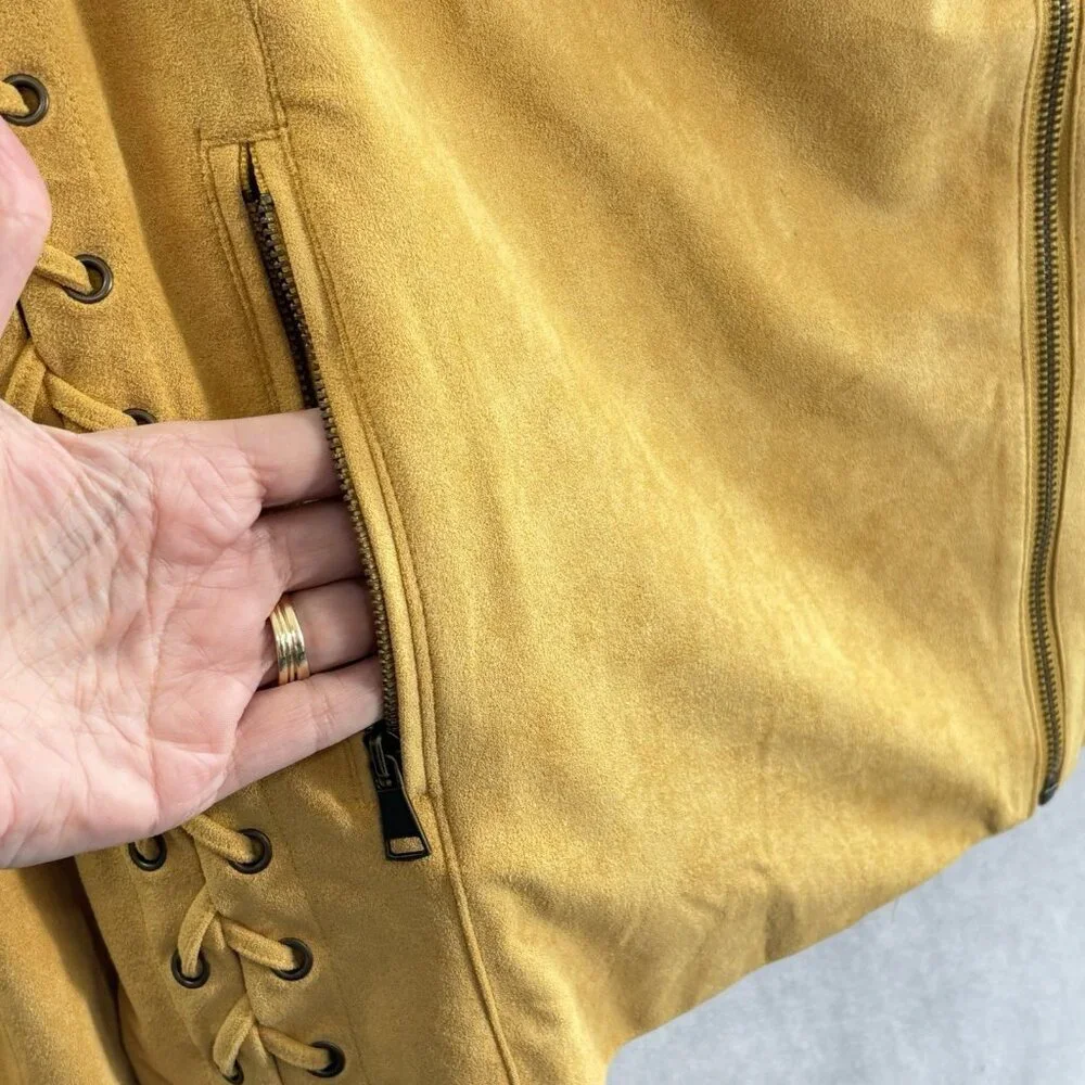 WILLOW ROOT Women Jacket Faux Suede‎ Cropped Moto Long Sleeve Sz L Yellow c-25